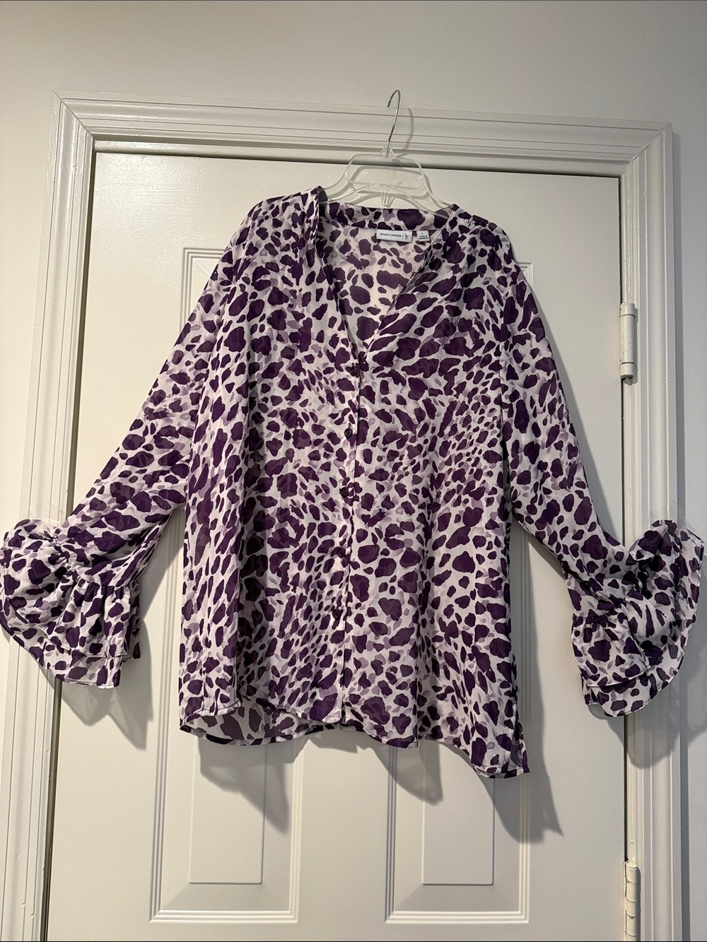 Susan Graver Purple Animal-Print Button Front Ruffle Sleeve Sheer Mobwife Top L